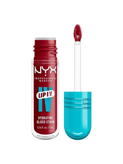 NYX Professional Makeup Lip I.V. Hydrating Gloss Stain packaging and applicator with deep red gloss.