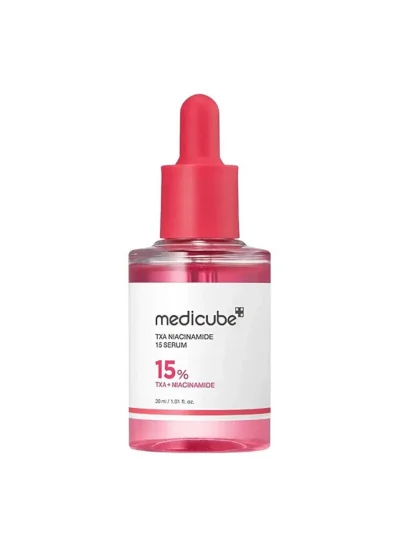 A professional shot of TXA Niacinamide 15% Brightening Serum in its red bottle, featuring a concentrated 15% blend for advanced skin brightening.
