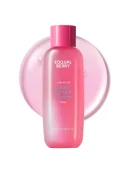 EQQUALBERRY NAD+ Peptide Radiance Boosting Facial Toner pink bottle with liquid texture background.