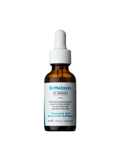 Dr. Melaxin TX Ampoule RX bottle with Tranexamic Acid and Niacinamide 43,000ppm designed for reducing freckles and dark spots.