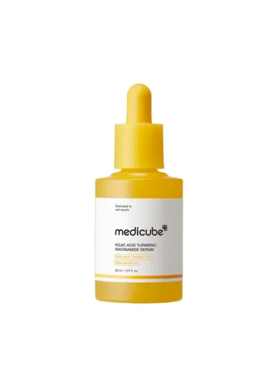 A professional shot of Medicube Kojic Acid Turmeric Niacinamide Serum 30ml in its yellow bottle for daily skin brightening and tone care.