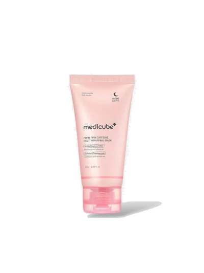 A professional shot of Medicube PDRN Pink Caffeine Night Wrapping Mask 75ml tube for overnight skin revitalization and firming.