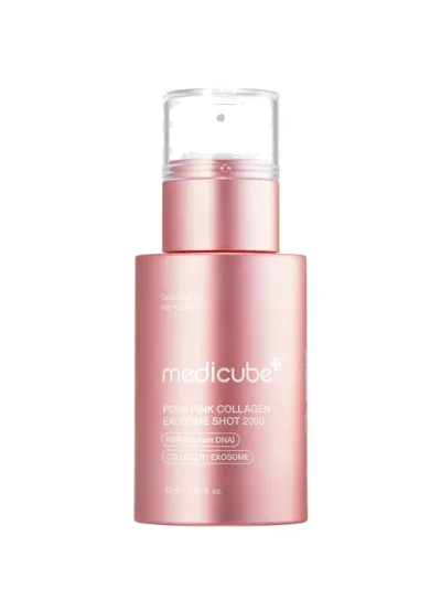 A professional shot of Medicube PDRN Pink Collagen Exosome Shot Serum 2000 in its metallic pink bottle for advanced daily skin elasticity.